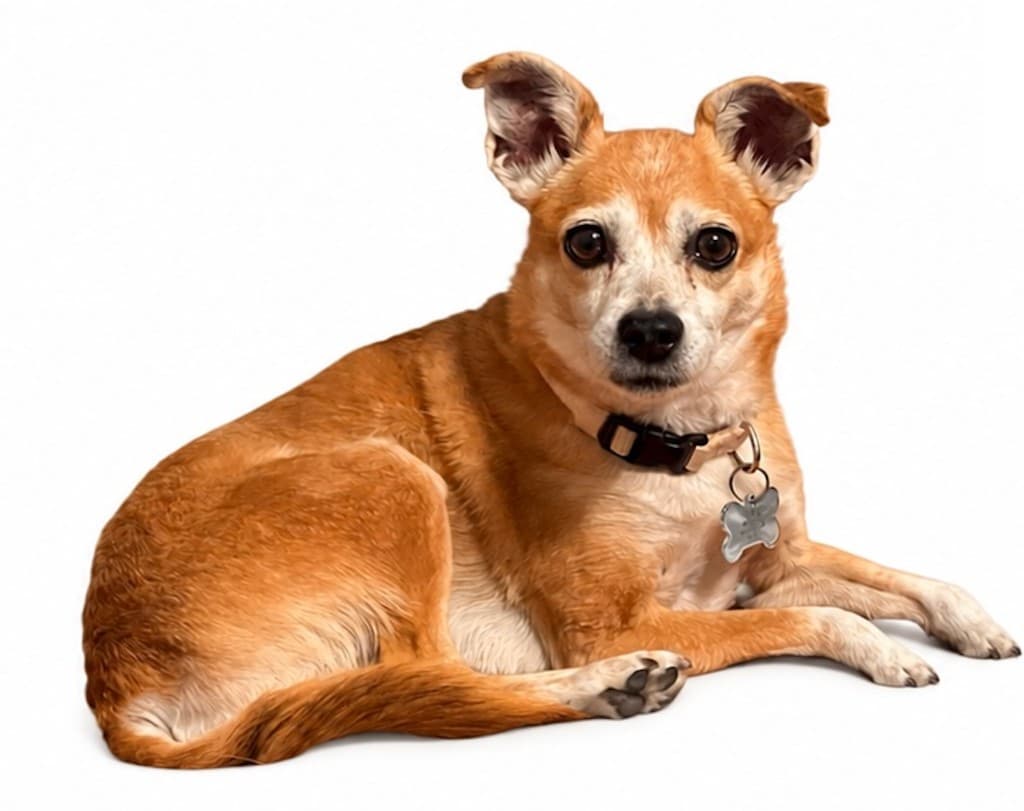Lexie, a small tan Chihuahua mix lying down